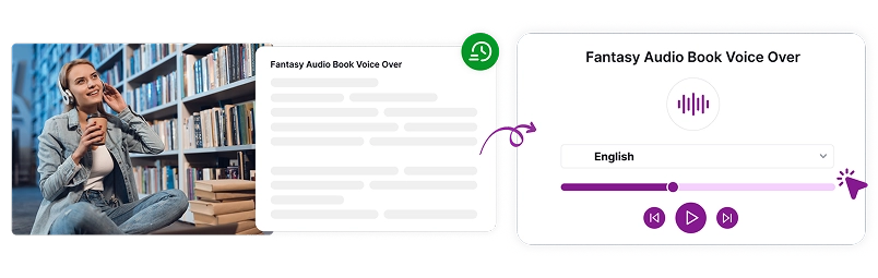 Gambar yang menggambarkan seseorang yang membaca di perpustakaan bersama antarmuka audio dengan kontrol pemutaran untuk mengonversi teks menjadi ucapan.