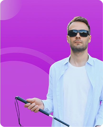 Image depicting a person wearing sunglasses and holding a white cane against a purple background, representing text-to-speech solutions for visually impaired users.