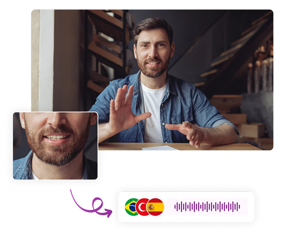 Imagen que muestra la tecnología de sincronización labial con representación visual de los movimientos de la boca coincidiendo con el audio doblado.