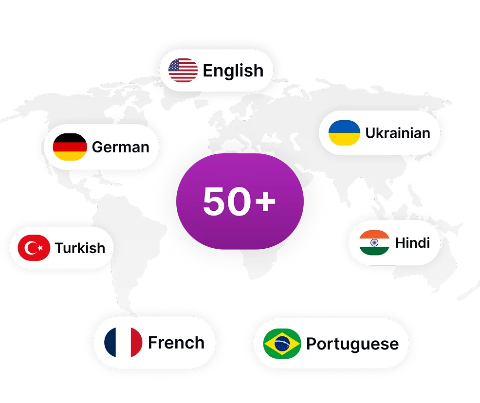 Imagen que muestra un mapa mundial con iconos que representan los más de 50 idiomas disponibles para doblaje con IA con Speaktor.