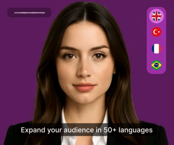 Presentador profesional con opciones de doblaje multilingüe en inglés, turco, francés y portugués demostrando la capacidad de Speaktor para expandir el alcance de la audiencia en más de 50 idiomas.