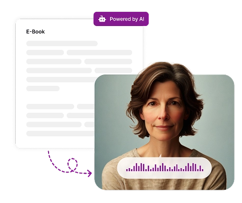 Image depicting a person with an e-book interface and audio waveform, showing Speaktor's AI text reader converting written content to speech.