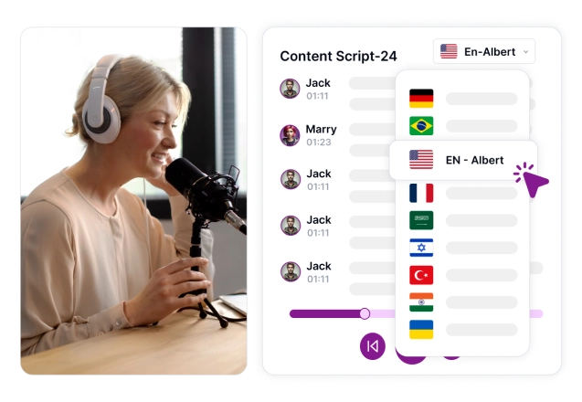 Crea podcast multilingue con opzioni vocali realistiche per un pubblico globale.