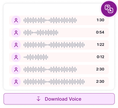 Interface de um aplicativo de áudio digital mostrando vários comprimentos de voz gravados com uma opção de download.