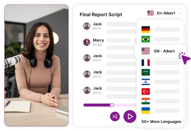 A translation feature showing effortless voiceover conversion for multilingual content.