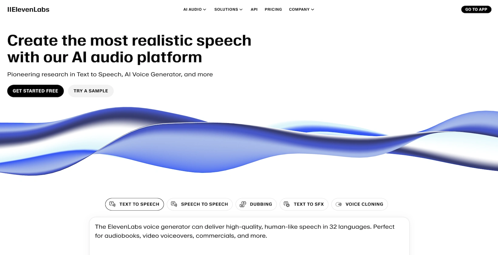 A screenshot of the ElevenLabs homepage shows that the speech is the most realistic with the AI audio platform.