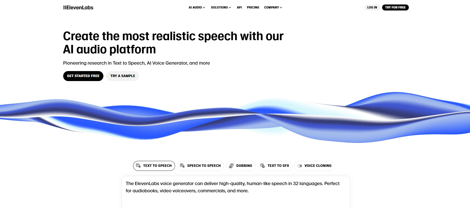 A screenshot of the ElevenLabs homepage that can create the most realistic speech with the AI audio platform. 