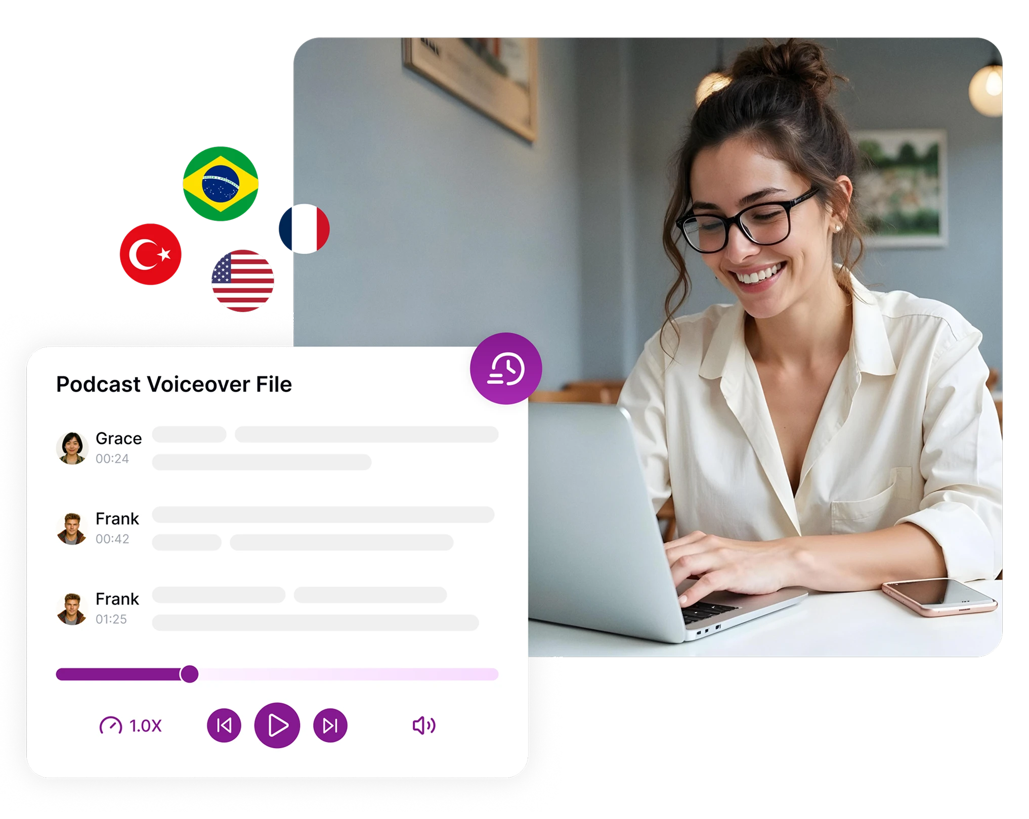 Mulher usando laptop com arquivo de narração de podcast e bandeiras internacionais exibidas, destacando o Eskritor.