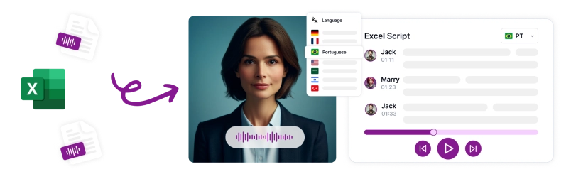 Image depicting AI-generated Portuguese voice overs easily produced from spreadsheets or XLSX files.