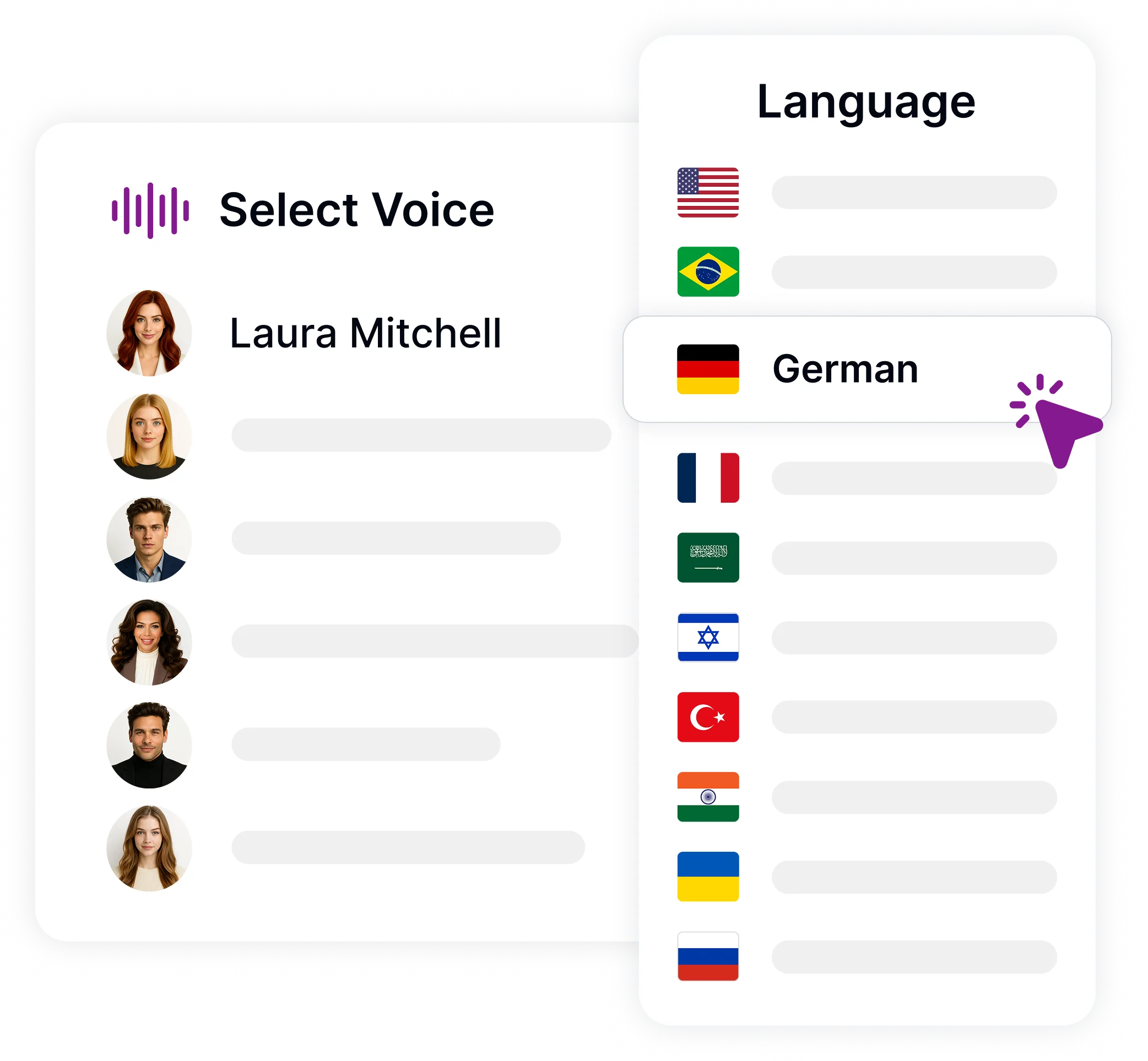اختر صوتك، مع خيارات لتحديد رواة مختلفين.