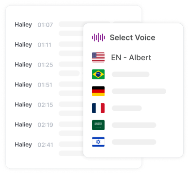 Interface utilisateur présentant diverses options vocales internationales pour les logiciels de synthèse vocale.