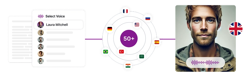 Immagine che ritrae la narrazione inglese multilingue con fluidità a livello nativo per un pubblico globale.