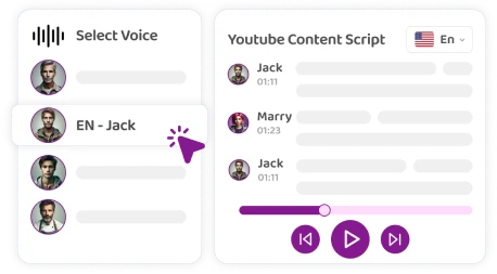 Una interfaz de usuario que muestra opciones para seleccionar diferentes perfiles de voz denominados EN-Jack y otros, para un script de contenido de YouTube.