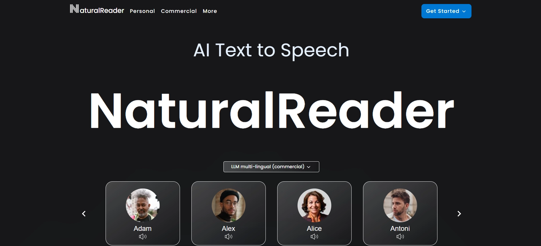 A screenshot of the NaturalReader homepage showing the AI text-to-speech tool that can convert documents into voice.