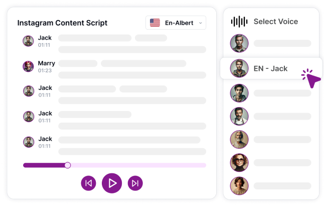 Interfaccia di editing vocale per uno script di contenuto Reels con vari avatar.