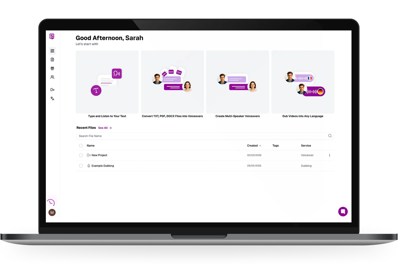 Speaktor text to speech dashboard open in a browser on a laptop