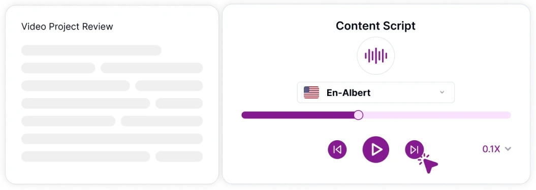 A media player interface displaying seamless audio playback controls for text-to-speech content.