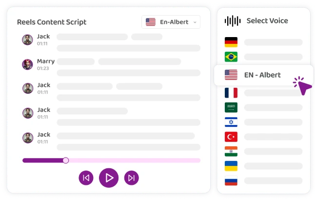 Interface of a voice selection tool with various flags and a Reels Content Script panel.