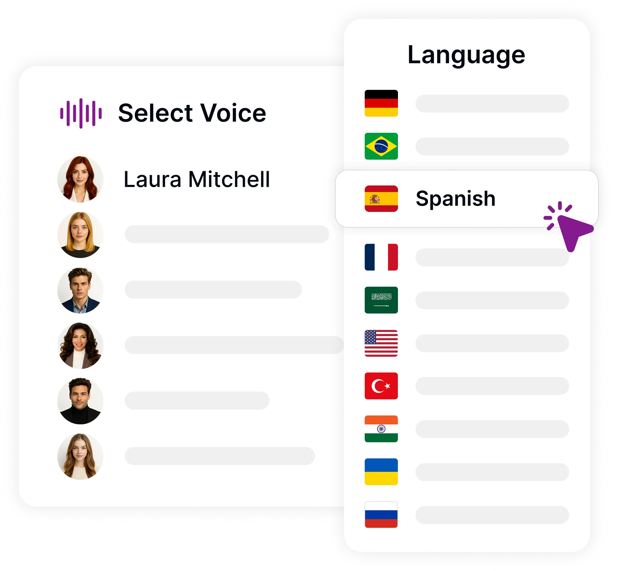 다양한 내레이터를 선택할 수 있는 옵션이 있는 음성을 선택하십시오.