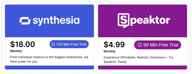 O Speaktor é acessível, enquanto o Synthesia é uma opção mais cara para serviços semelhantes.