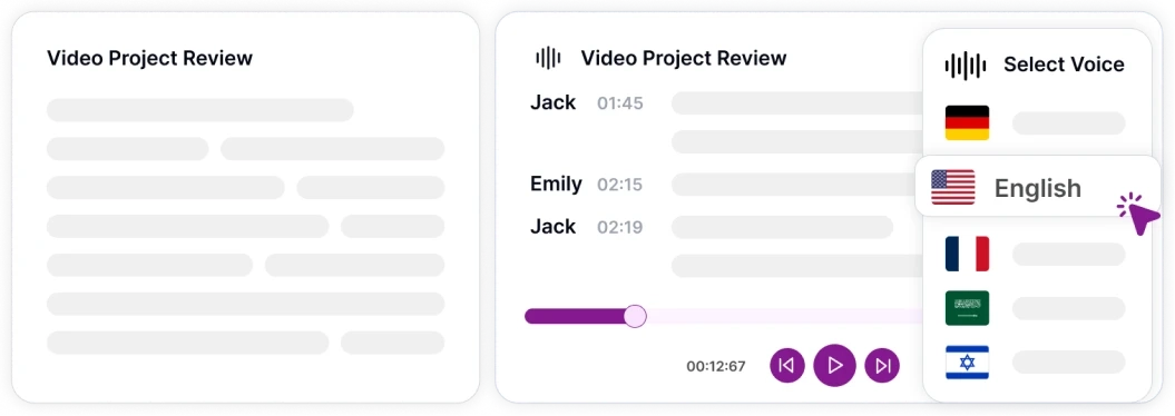 Language selection interface highlighting multilingual support for text-to-speech conversion.