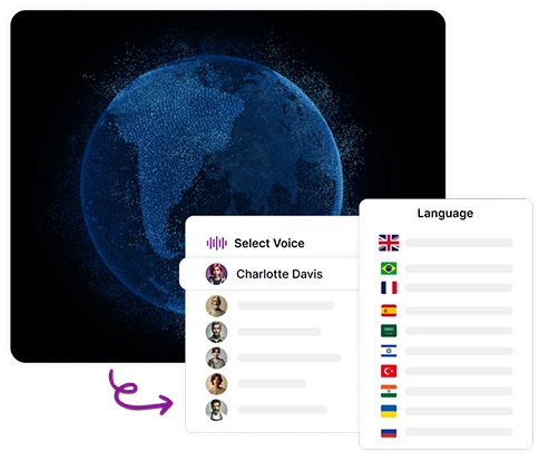 Image depicting Speaktor's multilingual voice selection, showcasing diverse AI-generated voice options.