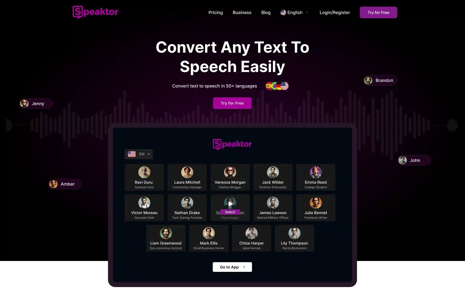 A screenshot of the Speaktor homepage showing the converted text-to-speech feature with the artificial intelligence text reader.