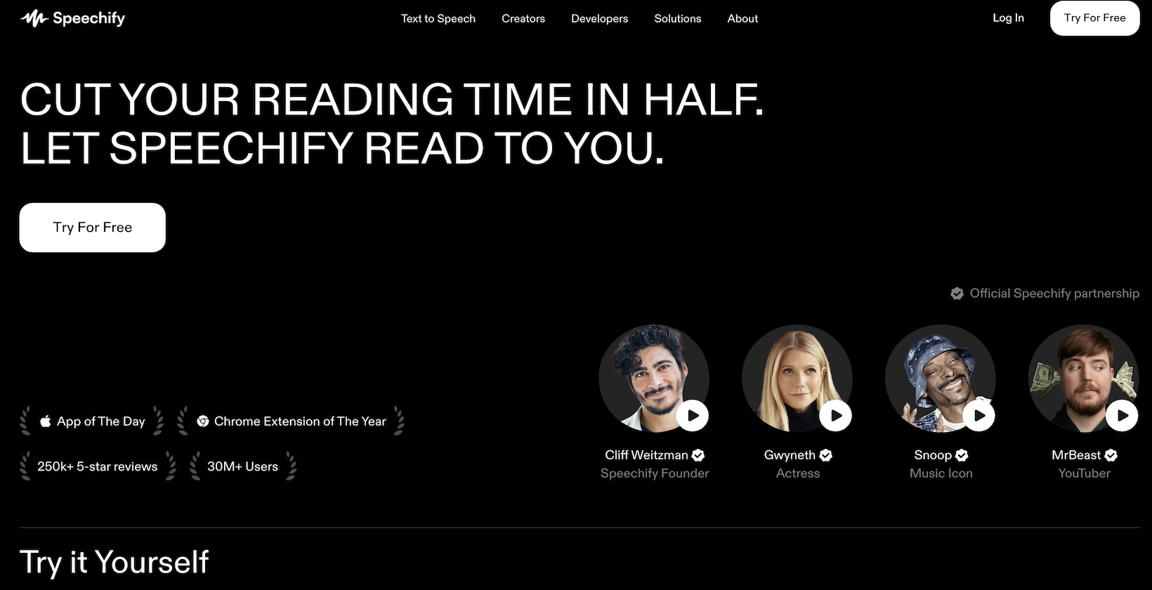 A screenshot of the Speechify homepage shows that the text-to-speech tool can cut reading time by half. 