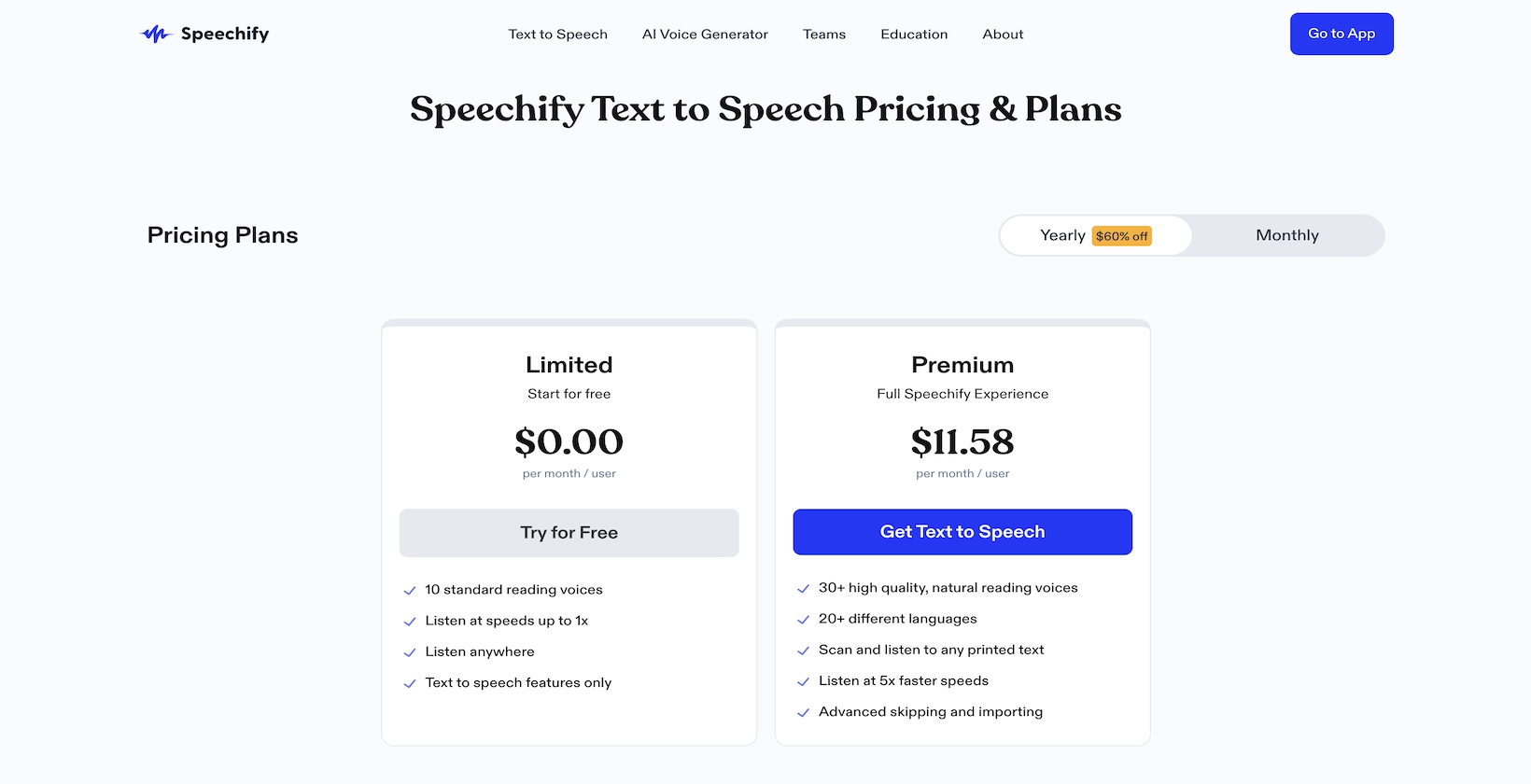 A screenshot of the Speechify pricing page showing the limited and premium plan along with what each of them offers.