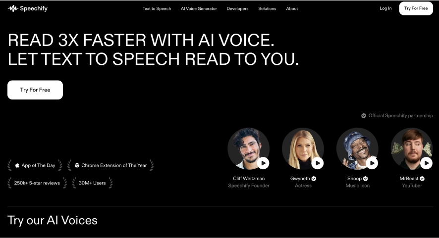 Uno screenshot della homepage di Speechify che mostra che è in grado di leggere 3 volte più velocemente con la voce AI.