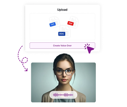 Image représentant une personne avec des lunettes à côté d’icônes de document et d’une interface audio, représentant un logiciel de lecture de texte à haute voix pour une meilleure accessibilité.