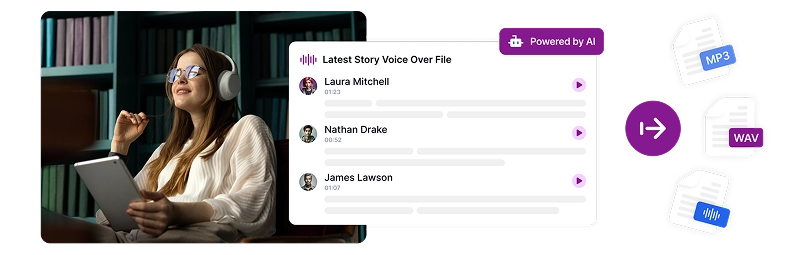 Слика која прикажува лице кое ужива во аудио содржина во библиотека заедно со интерфејс за конвертирање на документи со икони за формат на датотека за создавање на AI аудиокниги.
