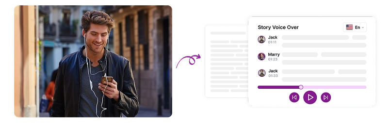 Imagen que muestra a una persona con auriculares usando un dispositivo móvil junto a una interfaz de lector de voz, que muestra cómo los usuarios pueden leer cualquier archivo con facilidad.