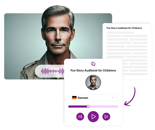 Afbeelding van een persoon naast een audioboekinterface met taalopties en afspeelknoppen voor het creëren van realistische AI-vertelling.