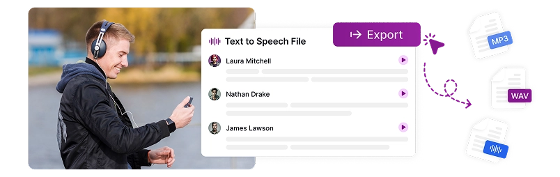 Image depicting a person wearing headphones using a mobile device, alongside a text-to-speech interface showing multiple audio format export options including MP3 and WAV files.