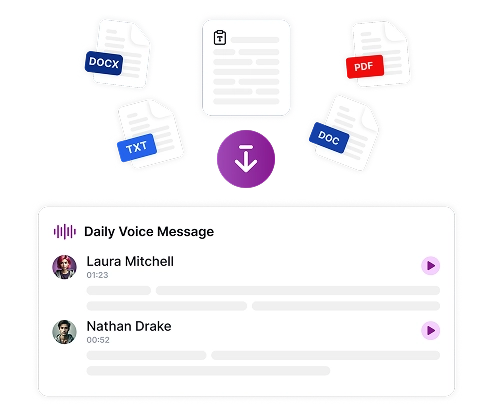 Image depicting various document formats being uploaded and converted to audio messages.