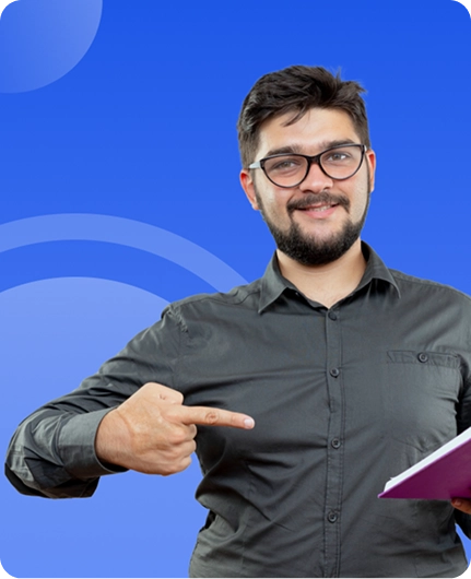 Image depicting a person gesturing toward educational content against a blue background, representing text reader tools for educators.