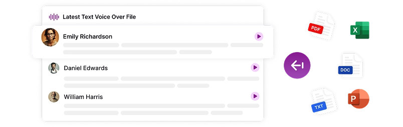 Image depicting a text-to-voice interface with user profiles and various document format icons, showing seamless conversion of different file types into audio content.