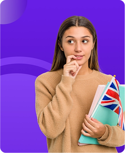 Image depicting a person holding language learning notebooks with flag designs against a purple background, representing text reader tools for language learners.