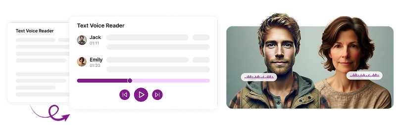 Image depicting two individuals with audio waveforms and a text reader interface showing playback controls, illustrating how text is transformed into natural-sounding speech.
