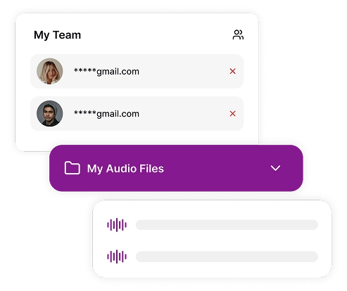 Image depicting a team interface for organizing and managing audio files, showing user profiles and a folder containing converted audio content.