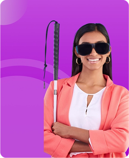 Image depicting a person wearing sunglasses and standing with a white cane against a purple background, representing text reader accessibility tools for visually impaired individuals.