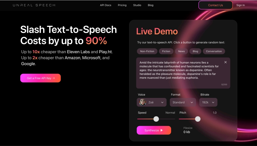 Uno screenshot della homepage di Unreal Speech che mostra che può ridurre i costi di sintesi vocale fino al 90%. 