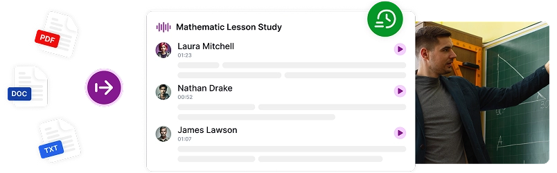 講義ノートをアップロードし、インスタントオーディオファイルに変換するツールを描いた画像。