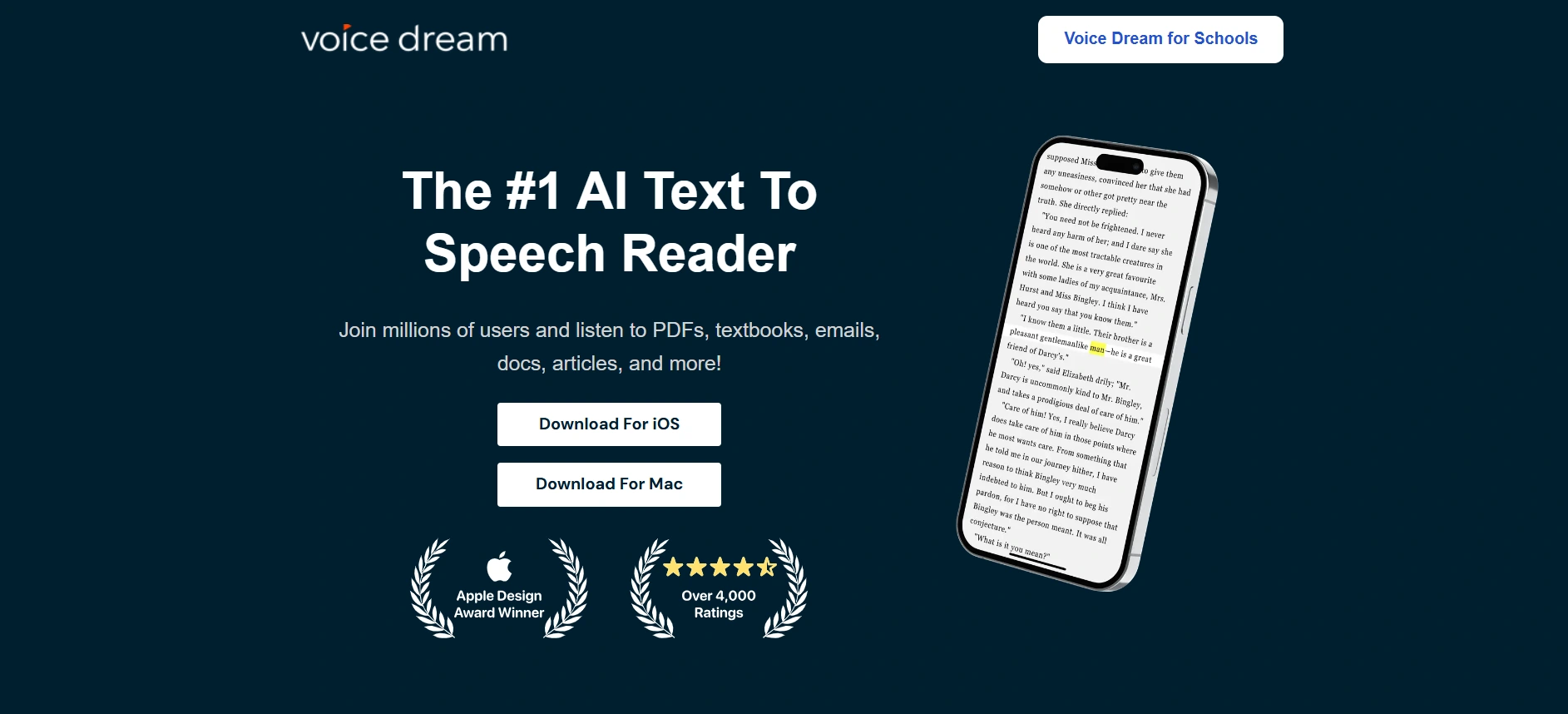 A screenshot of the Voice Dream Reader homepage showing the #1 AI text-to-speech reader for iOS users.