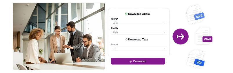 Image depicting business professionals in a meeting with a download interface showing various file format options, highlighting flexible audio formats for different business needs.