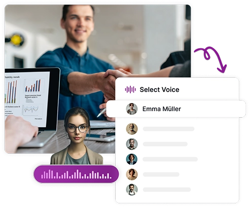 Image depicting a business professional with analytics display alongside a voice selection interface, showing how professional voice overs can boost brand engagement.