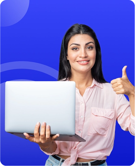 Image depicting a technology professional holding a laptop and giving a thumbs up against a blue background, representing voice-over solutions for tech companies.