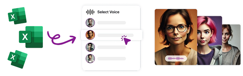 Image depicting Excel spreadsheet icons with a voice selection interface and character portraits, illustrating seamless voiceover creation from Excel data.