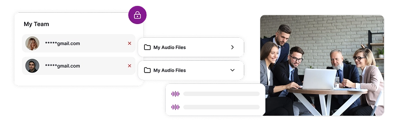 Image depicting a team collaboration session with a file management interface showing user profiles and audio file organization, illustrating streamlined file management for teams.